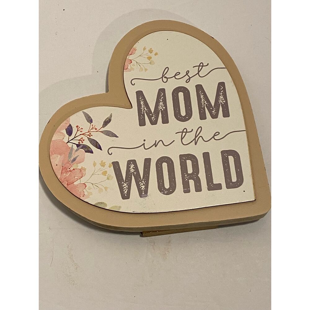 Best Mom in the World Heart Shaped Wood Sign Floral Mothers Day Gift for Mom